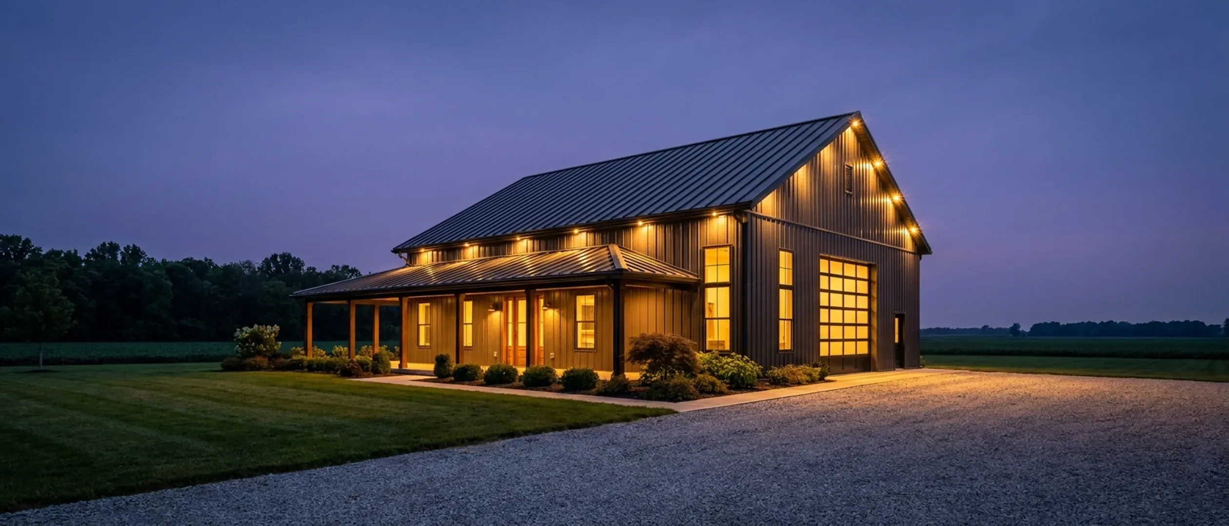 A barndominium at dusk with warm light glowing from every window and exterior lighting along the porch and roofline against a deep blue twilight sky.